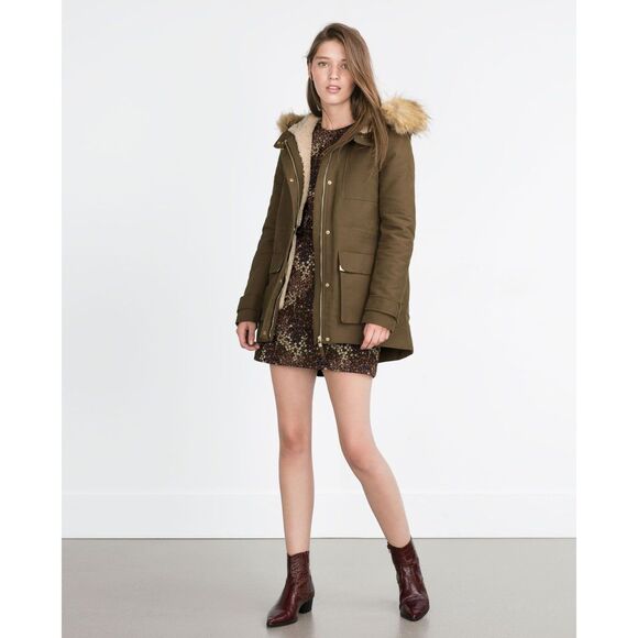 Zara Trafaluc Parka Coat Khaki Faux Fur Hood Lined Winter Utility Jacket Sz M - Picture 12 of 12